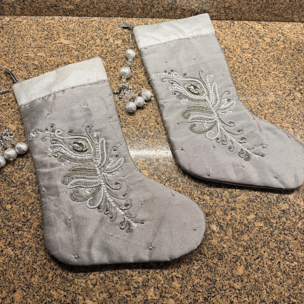 Silver Beaded Christmas Stockings Set Of 2 Large Jeweled Tassel Decor Holiday